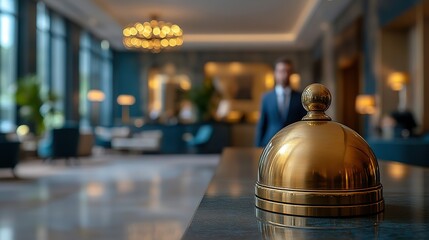 A businessman waits patiently in a blurred hotel lobby background a golden service bell rests on the polished reception desk, evoking personalized service and anticipation.