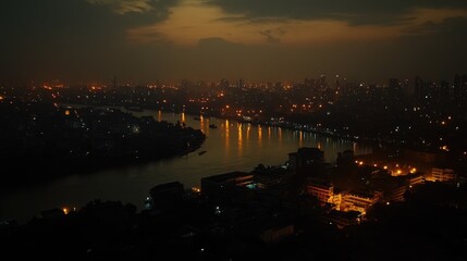 Serene Cityscape at Dusk with River and Subtle Urban Light Reflections