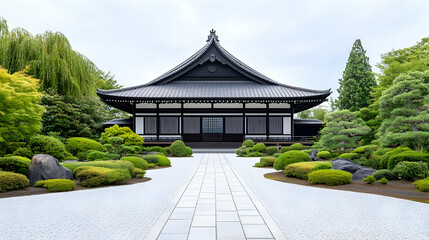 Serene Japanese temple with meticulously landscaped garden featuring a gravel path leading to a traditional black wooden structure