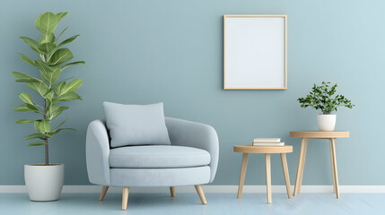 Serene living room with light blue armchair, side tables, plants, and blank frame against a pale blue wall