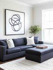 Serene living room with navy sectional sofa, ottoman, abstract art, and natural light