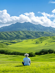 Serene man meditates in lush green valley, majestic mountains in background