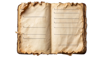 Old book with torn pages and blank lines open