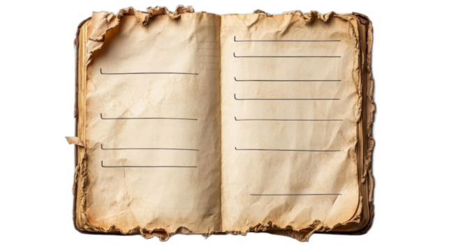 Old book with torn pages and blank lines open