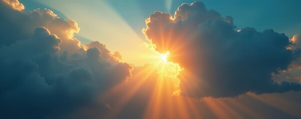 Fototapeta premium Golden rays pierce thick, dark clouds, illuminating a sliver of blue sky , celestial, glory