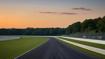 A deserted racetrack surrounded by lush green woods, set against the backdrop of a sunset