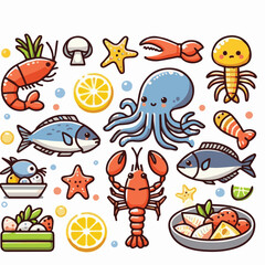 seafood, fish, restaurant, food, menu, dinner, sea, sketch, ocean, fresh, illustration, vector, vintage, market, shellfish, octopus, ink, meal, gourmet, shrimp, lobster, drawing, design, background, c