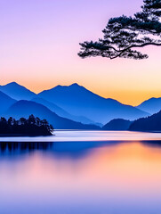 Serene sunset over tranquil lake, silhouetted mountains and lone tree