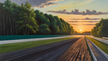 An unoccupied racing circuit nestled within verdant woodlands, illuminated by the hues of the setting sun