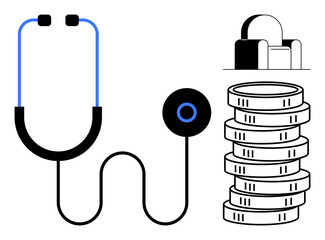 Stethoscope connected to stack of coins and hospital chair, illustrating financial aspects of healthcare. Ideal for medicine, finance, insurance, budgeting, support, accessibility policy. Flat