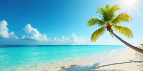 Fototapeta premium Lone palm, turquoise water, sun-drenched sand, vacation, tropical getaway, scene