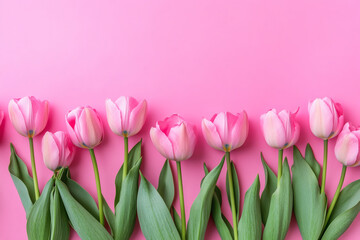 Fototapeta premium Pink Tulips Flat Lay Floral Banner for Mother’s Day with Copy Space