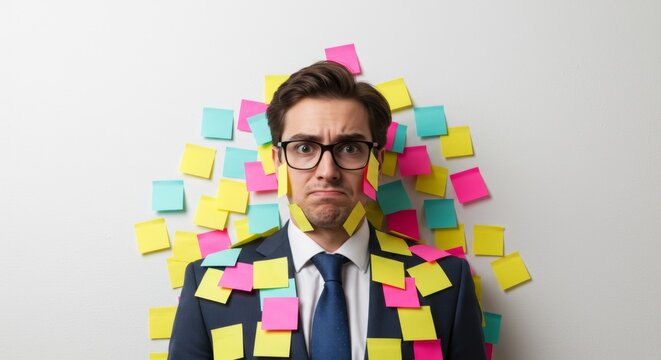 A stressed businessman in a suit and glasses stands against a white wall covered in colourful sticky notes, symbolising workplace overload and multitasking