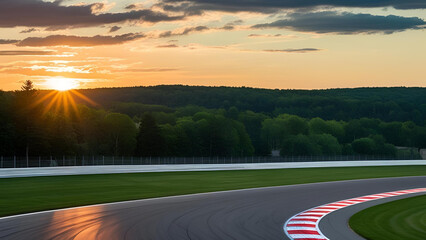 An abandoned racetrack enveloped by flourishing woods, showcasing the beauty of a sunset