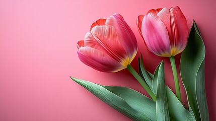 Obraz premium A gentle pink tulip with green leaves, lying on a pink background, creates a romantic atmosphere perfect for Valentine's Day, Mother's Day, or spring celebrations.