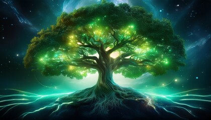 A mighty oak tree with a green pulsating aura, its energy flowing into the earth, roots glowing softly, connecting the natural world with a deep, vibrant force.
