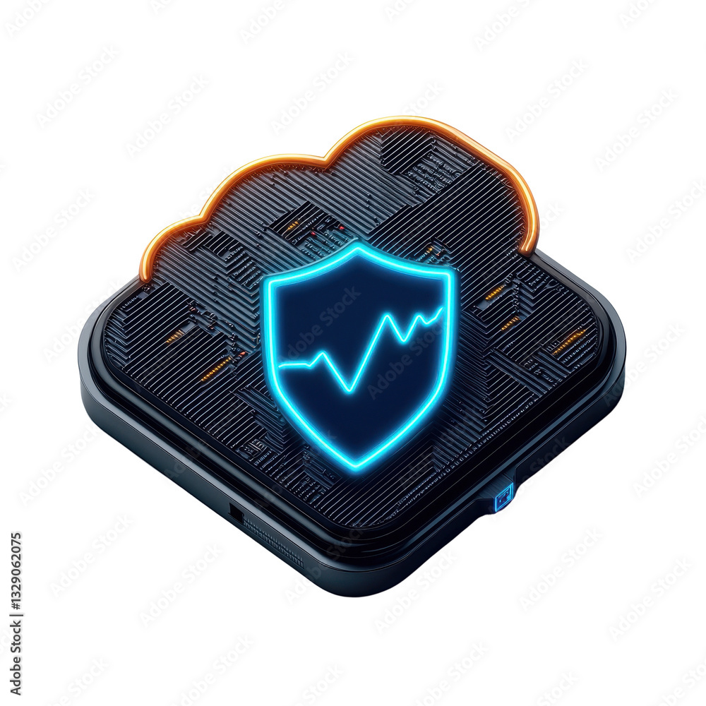 Poster cloud security icon with neon shield and circuit board design