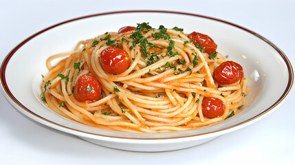 Simple spaghetti with cherry tomatoes and parsley in a tomato sauce