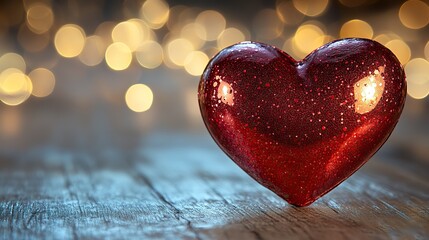 Fototapeta premium A glossy red heart rests on a light wooden surface, symbolizing love for Valentine's Day and romantic occasions.