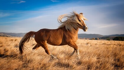 Obraz premium A messy-haired horse with its mane flowing in the wind, galloping freely across an open field, embodying freedom and grace as its hooves stir up the earth beneath the vast sky. 