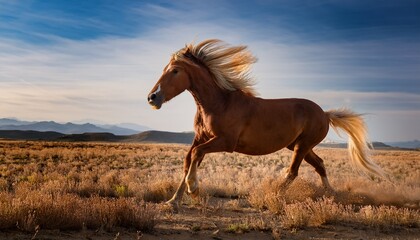 A messy-haired horse with its mane flowing in the wind, galloping freely across an open field, embodying freedom and grace as its hooves stir up the earth beneath the vast sky.
