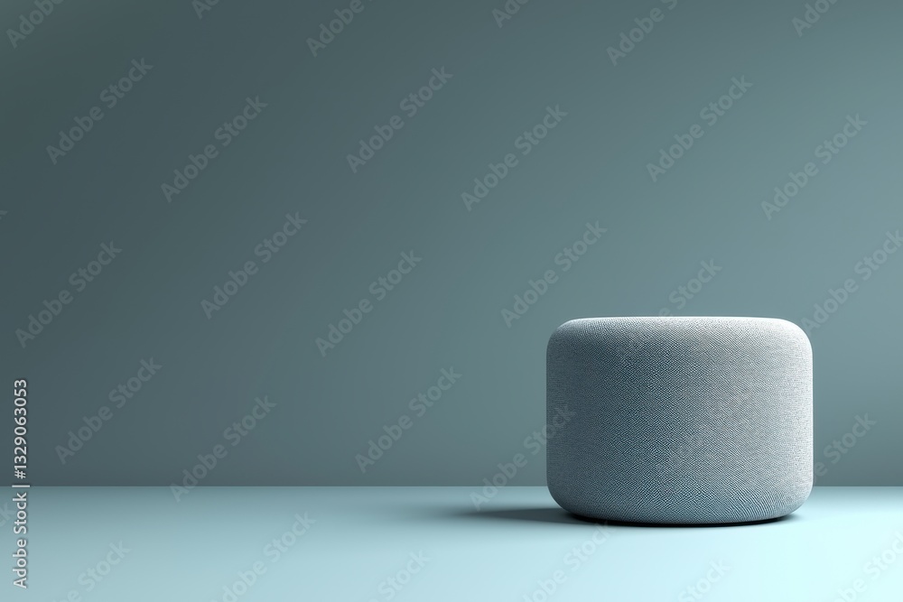 Poster a modern smart speaker in a minimalist setting, showcasing its fabric texture against a serene blue 