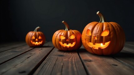 Illuminated Jack-o'-lanterns arranged on rustic wooden surface create a spooky Halloween scene