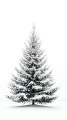 Snow-covered evergreen tree on white background