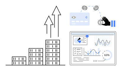 Fototapeta premium Stacked bar graph with upward arrows, analytics dashboard with charts, digital card transfer, hand holding cash. Ideal for finance, business, statistics, digital banking, technology economic growth