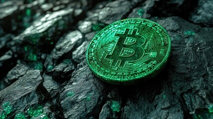 A glowing green Bitcoin symbol rests on a dark, textured rock, suggesting cryptocurrency investment and digital finance.