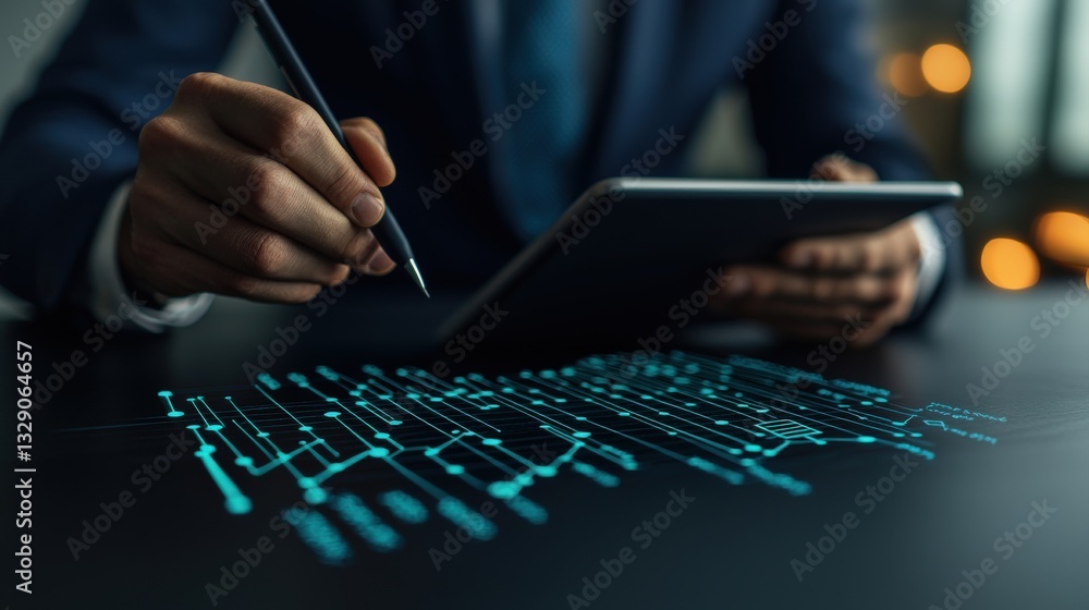 Poster a business professional uses a tablet to analyze data represented by glowing digital lines on a desk