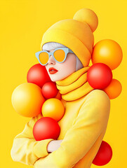 Stylish woman in yellow outfit and hat, surrounded by colorful balloons against yellow background