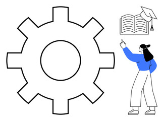 Large gear next to open book with graduation cap and woman pointing. Ideal for education, learning, career development, goals, training, innovation, knowledge. Flat simple metaphor