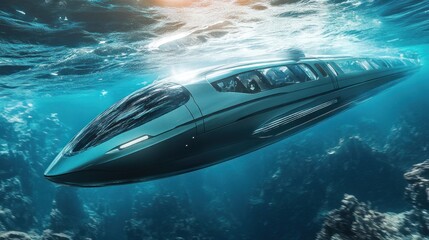 Obraz premium Futuristic Underwater Train Concept Traversing the Ocean Depths with High Speed