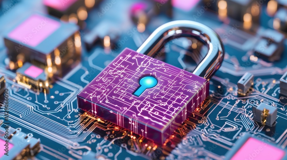 Poster a digital padlock sits on a circuit board, symbolizing cybersecurity and data protection in a vibran
