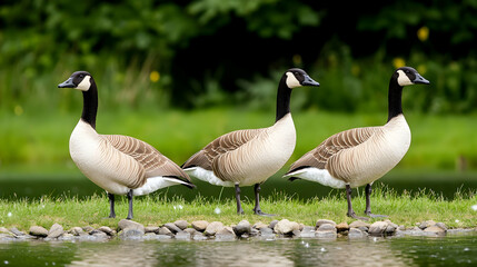 Obraz premium Three geese standing in a row by a pond