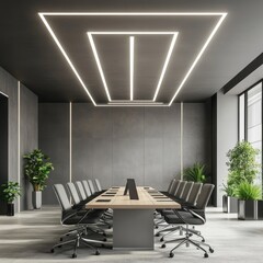 Modern conference room with sleek lighting and minimalist design.