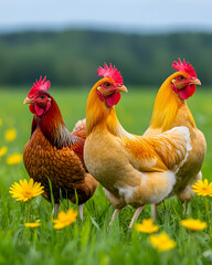 Fototapeta premium Three hens of different plumage stand in a vibrant green field of yellow flowers