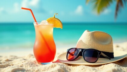 Stylish straw hat, exotic drink, sunglasses, sandy beach scene, exotic, sand