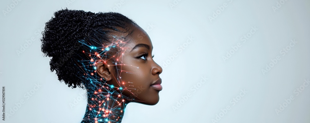 Aufkleber a profile view of a person adorned with colorful, glowing patterns, blending technology and art in a