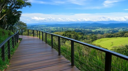 Scenic wooden walkway overlooking lush green valleys and distant mountain under a clear sky