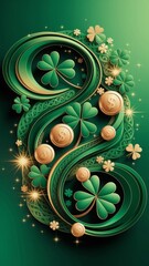 A stylish and artistic composition of vibrant green clovers and glowing golden coins celebrates Irish heritage and festivity