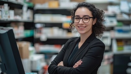 Fototapeta premium Confident Pharmacist Smiles, Standing Proudly in Pharmacy, with Arms Crossed, Showing Expertise and Dedication to Health. Professionalism and Healthcare.