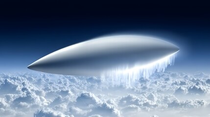 Obraz premium Shiny flying object soaring through the sky above a sea of clouds