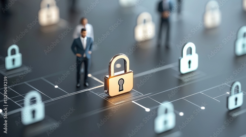 Aufkleber a digital representation of security, featuring miniature figures and various locks, symbolizing dat
