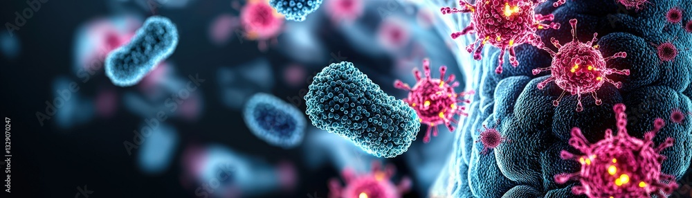 Poster a colorful, detailed microscopic view of bacteria and viruses, showcasing their structures and inter