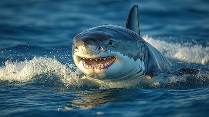 Naklejka premium A great white shark, jaws open, breaches the calm blue water, its powerful teeth evoking awe and thrilling danger in the vast ocean.