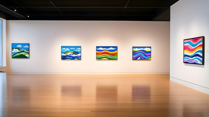 Vibrant landscape paintings displayed in a modern gallery setting