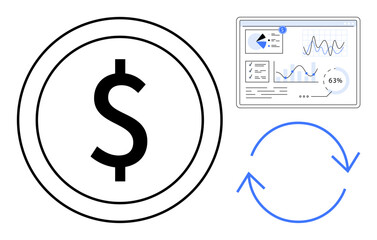 Dollar sign, analytics dashboard with reports, refresh symbol highlighting recurring revenue cycles. Ideal for finance, business growth, data management, investment strategy, analytics presentation