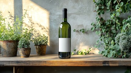 A green glass wine bottle, with a blank white label, rests on a shelf against a white wall, offering ample space for custom branding and design.